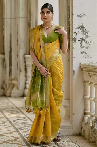 Yellow soft raw silk zari woven saree with blouse