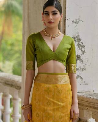 Yellow soft raw silk zari woven saree with blouse 5