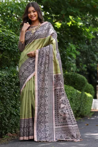 Green soft tussar silk madhubani printed saree with blouse