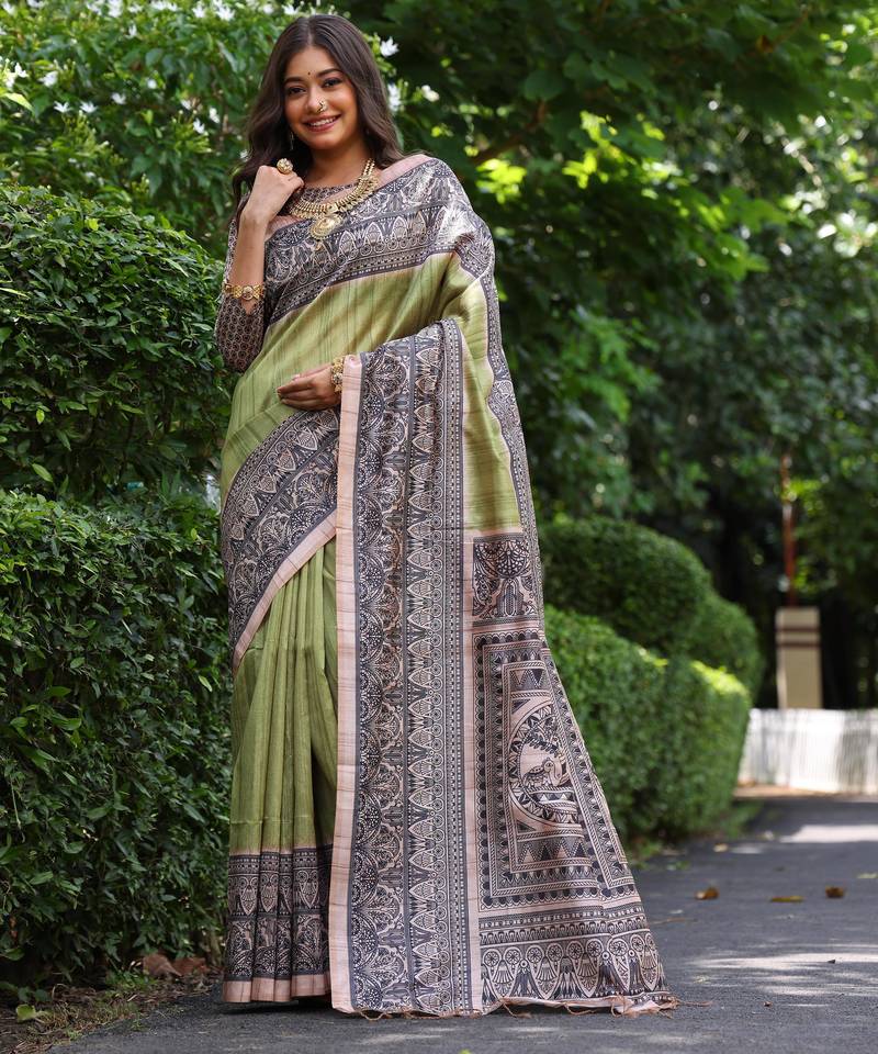 Green soft tussar silk madhubani printed saree with blouse
