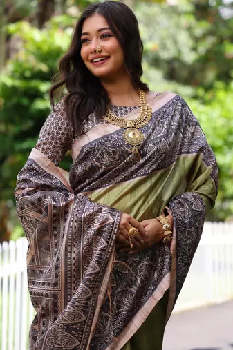 Green soft tussar silk madhubani printed saree with blouse