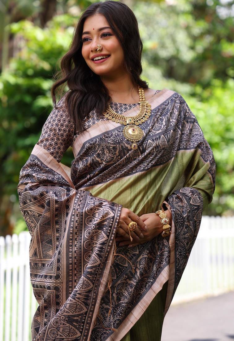 Green soft tussar silk madhubani printed saree with blouse