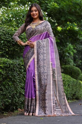 Purple soft tussar silk madhubani printed saree with blouse