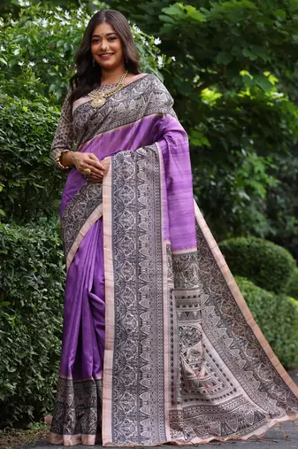 Purple soft tussar silk madhubani printed saree with blouse