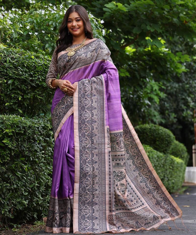 Purple soft tussar silk madhubani printed saree with blouse