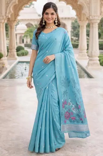 Rama lillen saree with unstitched blouse piece