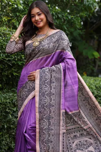 Purple soft tussar silk madhubani printed saree with blouse
