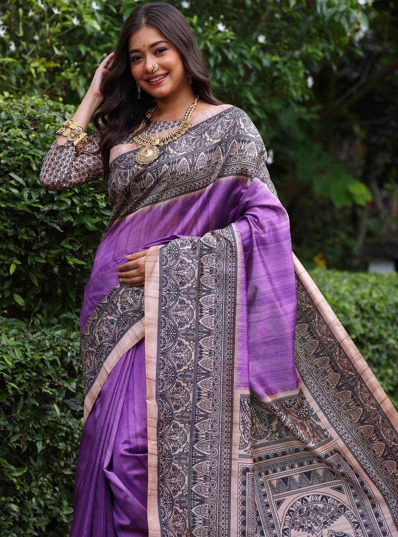 Purple soft tussar silk madhubani printed saree with blouse