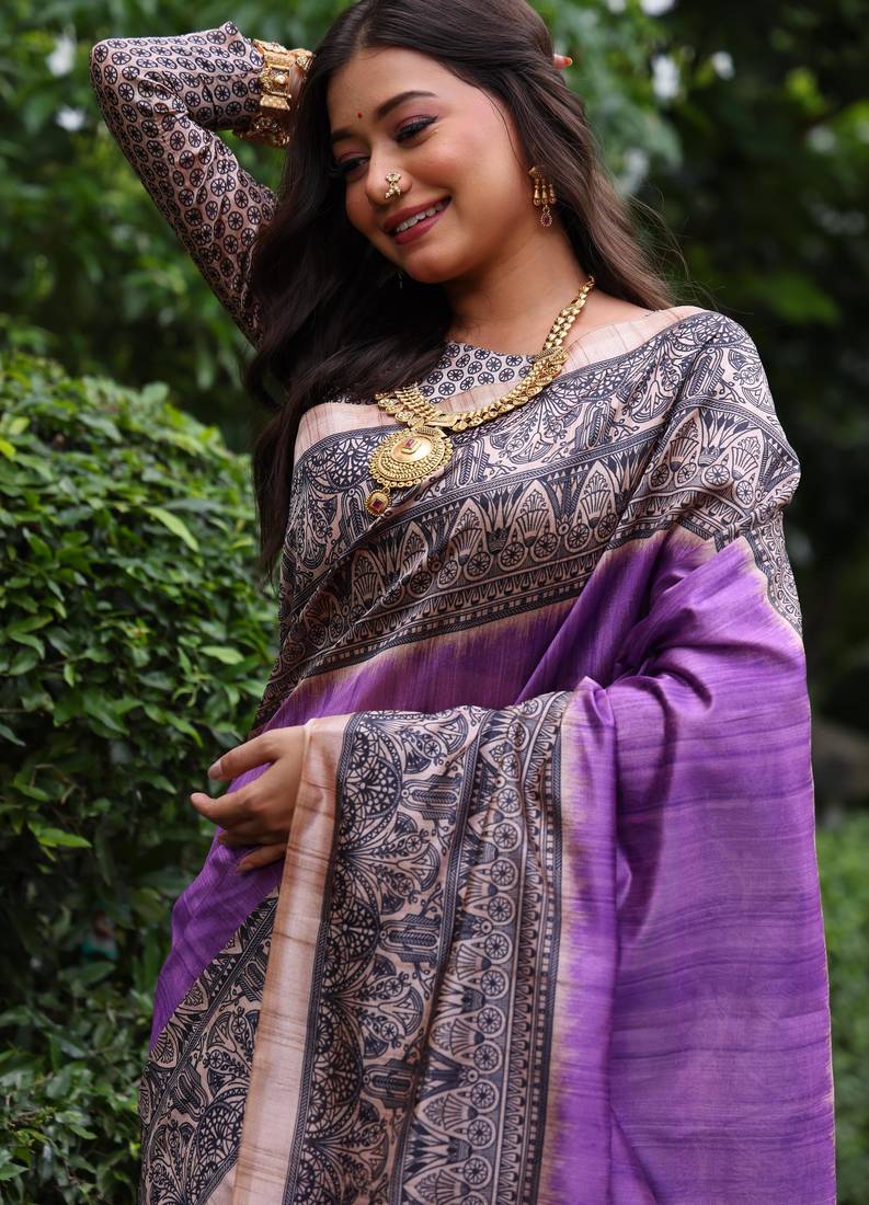 Purple soft tussar silk madhubani printed saree with blouse