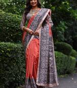 Red soft tussar silk madhubani printed saree with blouse