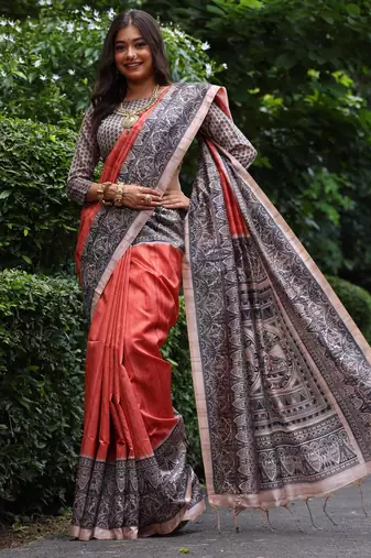 Red soft tussar silk madhubani printed saree with blouse