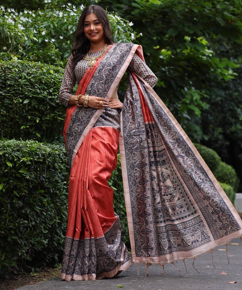Red soft tussar silk madhubani printed saree with blouse
