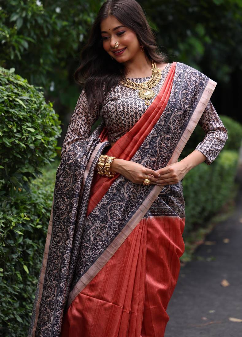 Red soft tussar silk madhubani printed saree with blouse