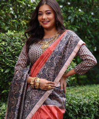 Red soft tussar silk madhubani printed saree with blouse 4