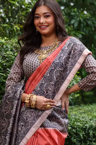 Red soft tussar silk madhubani printed saree with blouse
