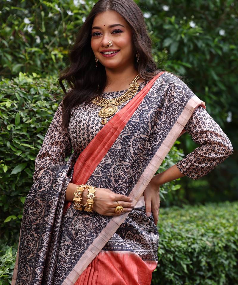 Red soft tussar silk madhubani printed saree with blouse