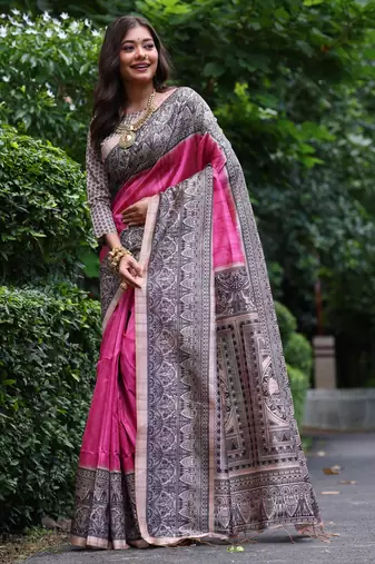 Pink soft tussar silk madhubani printed saree with blouse