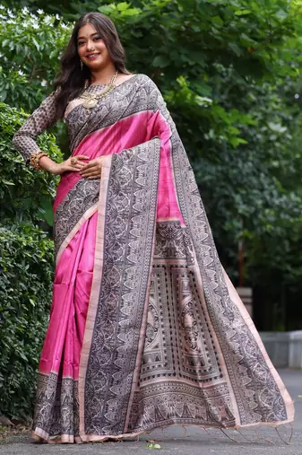 Pink soft tussar silk madhubani printed saree with blouse