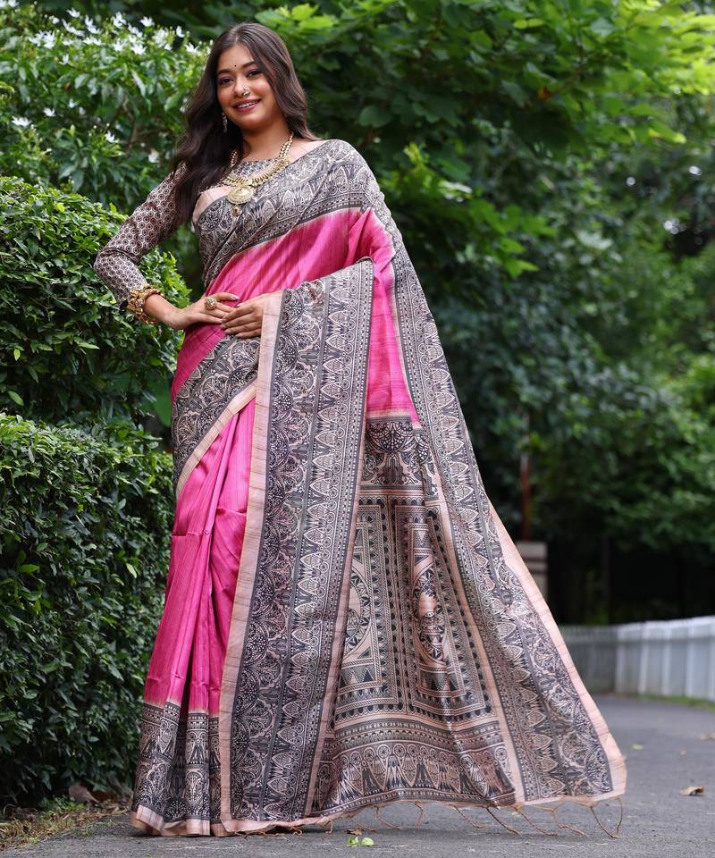 Pink soft tussar silk madhubani printed saree with blouse