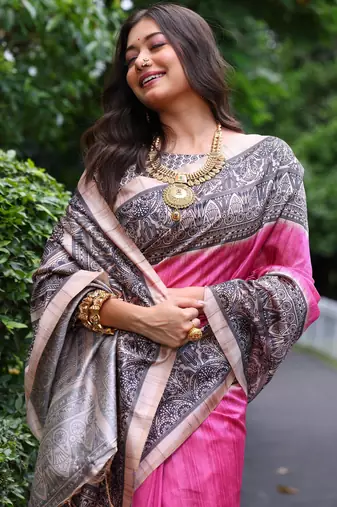 Pink soft tussar silk madhubani printed saree with blouse