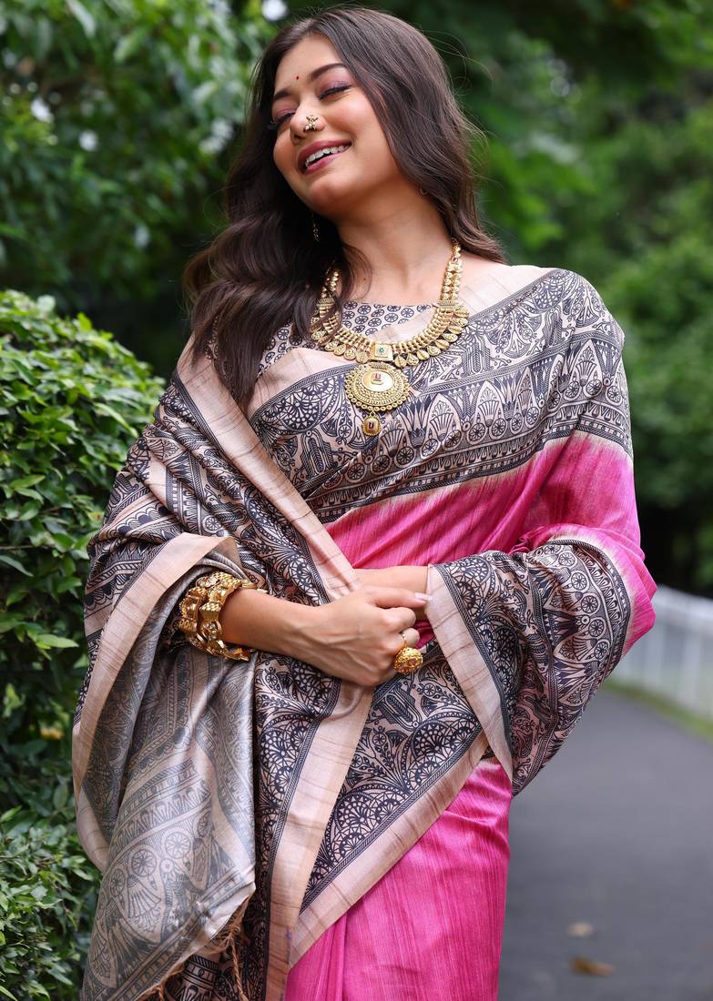 Pink soft tussar silk madhubani printed saree with blouse