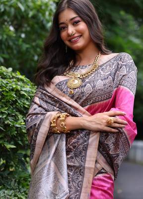 Pink soft tussar silk madhubani printed saree with blouse 4
