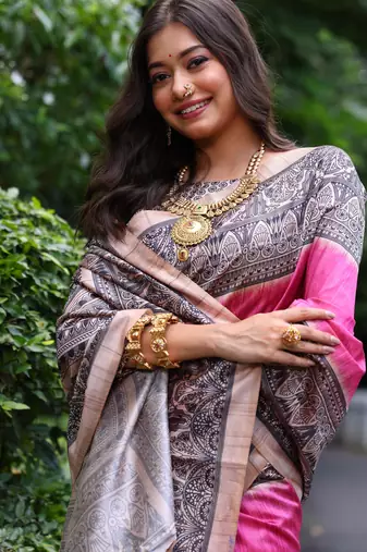 Pink soft tussar silk madhubani printed saree with blouse