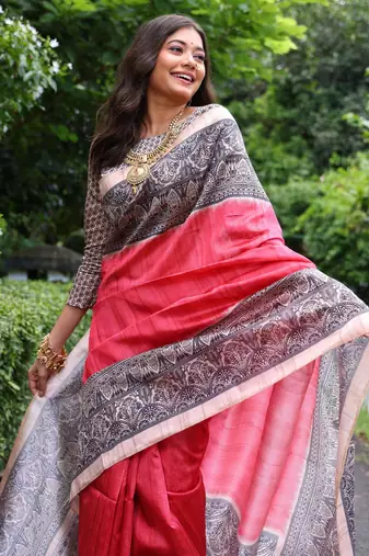 Gajri soft tussar silk madhubani printed saree with blouse