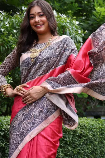 Gajri soft tussar silk madhubani printed saree with blouse