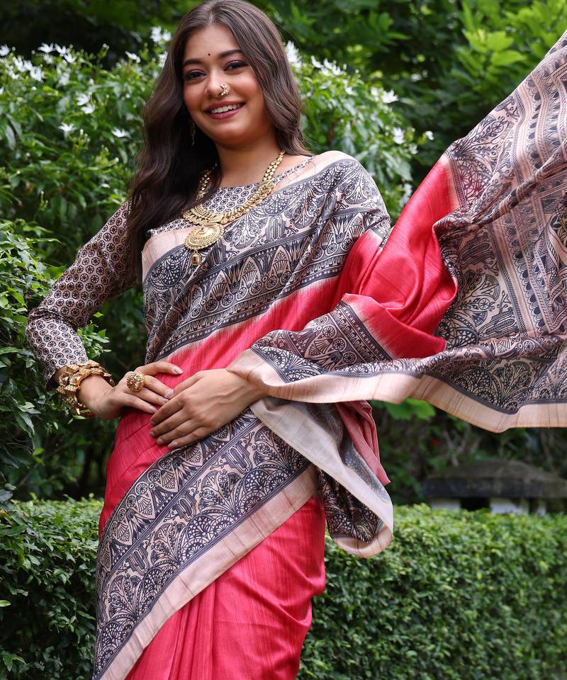Gajri soft tussar silk madhubani printed saree with blouse