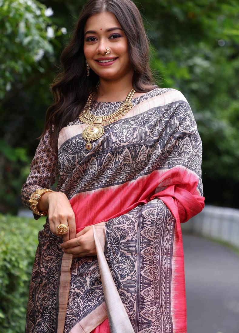 Gajri soft tussar silk madhubani printed saree with blouse