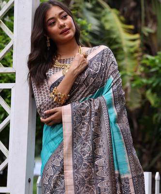 Sky blue soft tussar silk madhubani printed saree with blouse 4