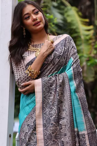 Sky blue soft tussar silk madhubani printed saree with blouse