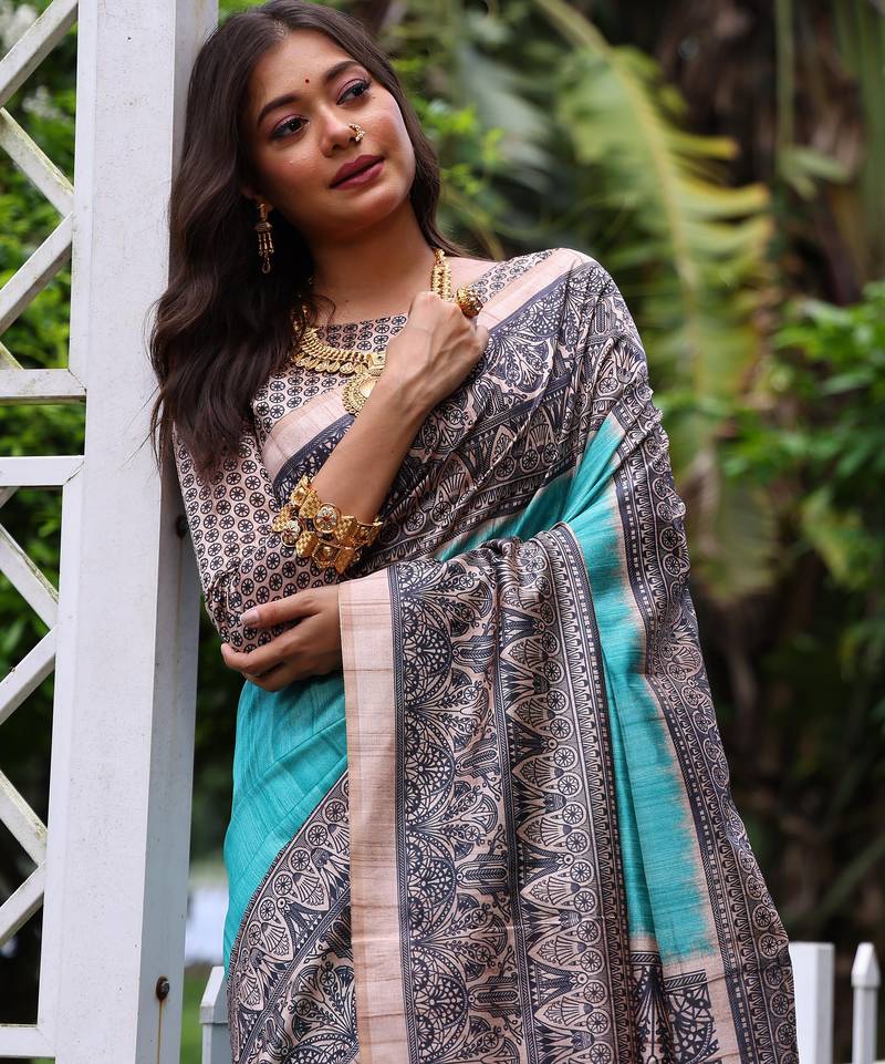 Sky blue soft tussar silk madhubani printed saree with blouse