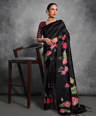 Black soft tussar silk floral printed saree with blouse 1