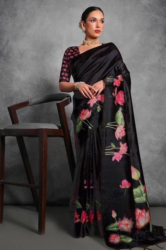 Black soft tussar silk floral printed saree with blouse