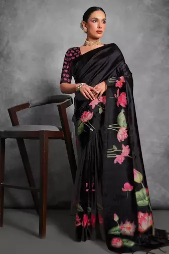 Black soft tussar silk floral printed saree with blouse
