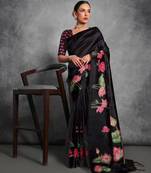 Black soft tussar silk floral printed saree with blouse