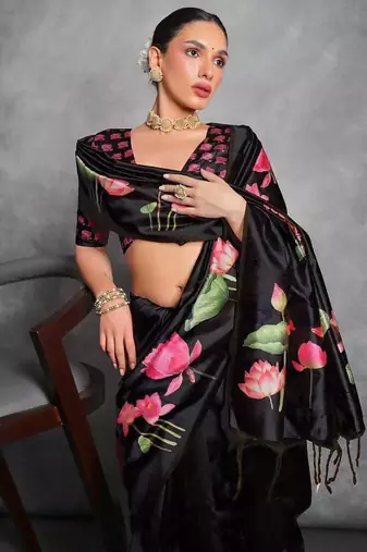 Black soft tussar silk floral printed saree with blouse