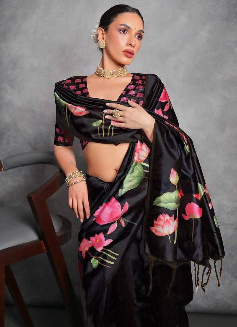 Black soft tussar silk floral printed saree with blouse