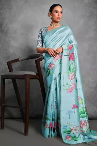 Sky blue soft tussar silk floral printed saree with blouse