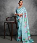 Sky blue soft tussar silk floral printed saree with blouse
