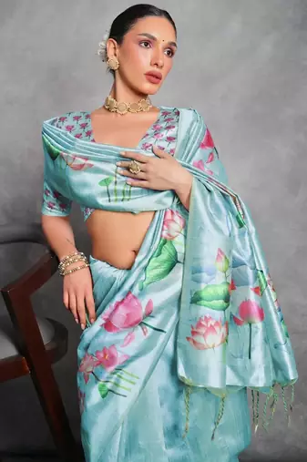 Sky blue soft tussar silk floral printed saree with blouse