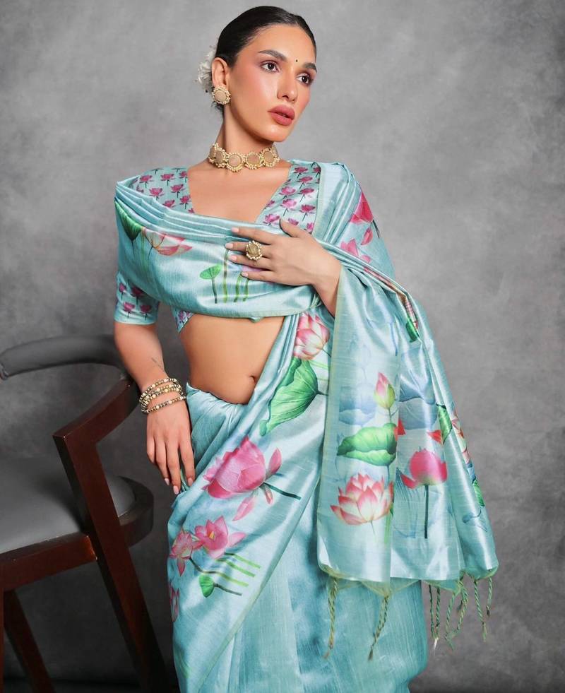 Sky blue soft tussar silk floral printed saree with blouse