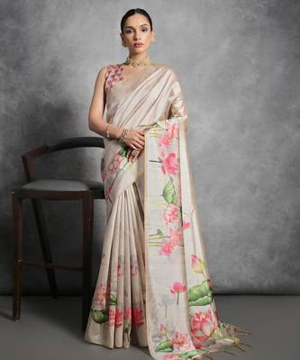 Beige soft tussar silk floral printed saree with blouse 1