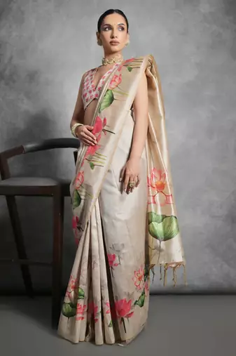 Beige soft tussar silk floral printed saree with blouse