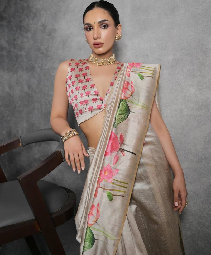Beige soft tussar silk floral printed saree with blouse