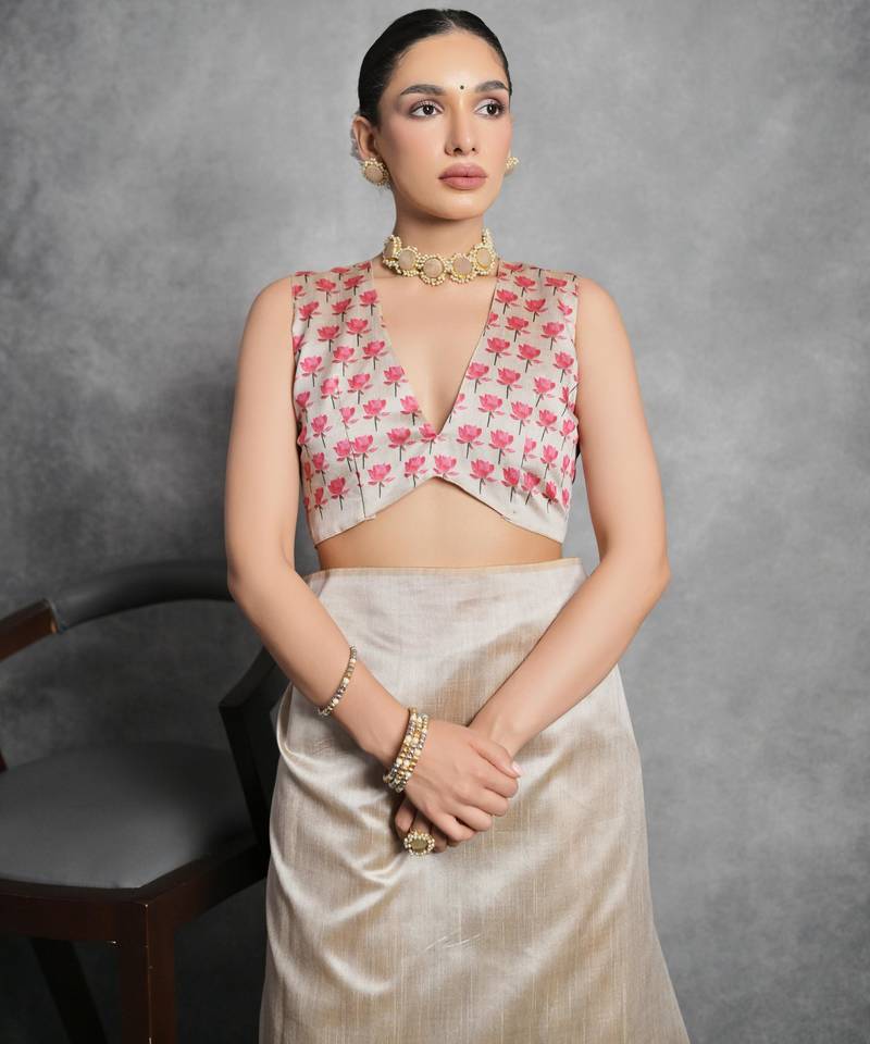 Beige soft tussar silk floral printed saree with blouse