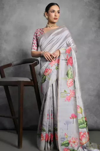 Grey soft tussar silk floral printed saree with blouse