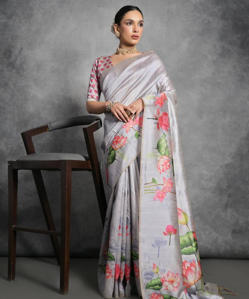 Grey soft tussar silk floral printed saree with blouse